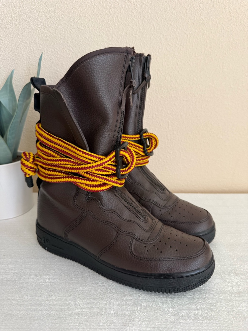 Nike Men's Dark Brown Leather High-Top Boots with Yellow-Red Laces